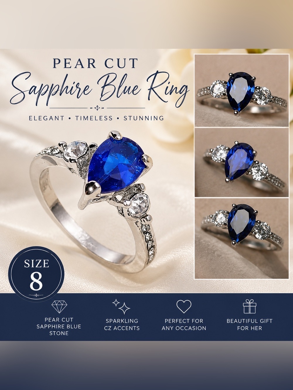 Size 8 Pear Cut Sapphire Blue CZ Ring Silver Tone Three Stone Promise Ring